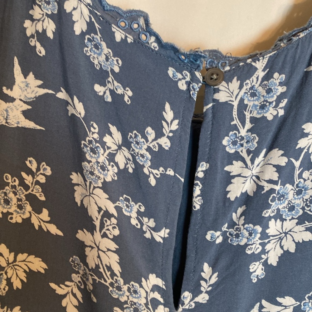 Loft Lace Eyelet Trim Flounce Swing Dress LP Cottagecore Blue White Floral Birds - Picture 7 of 12